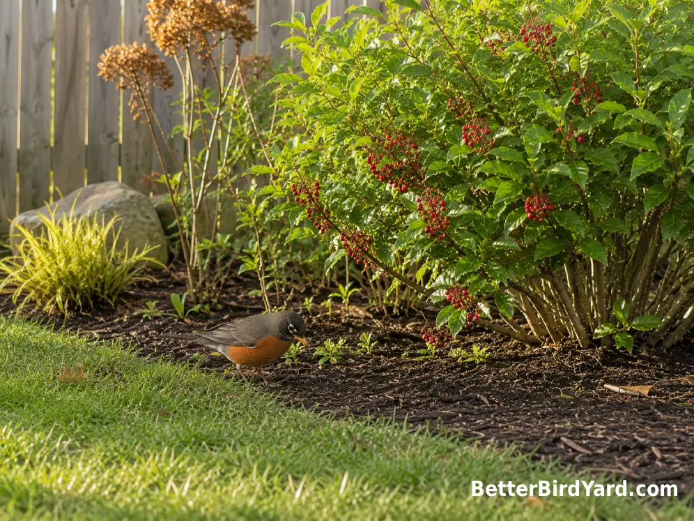 American Robin foraging beside a native shrub and mulched garden bed in a small backyard.