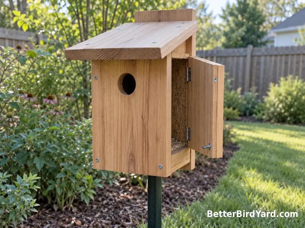 Simple wooden Eastern Bluebird nest box with a round entrance hole and hinged side panel.