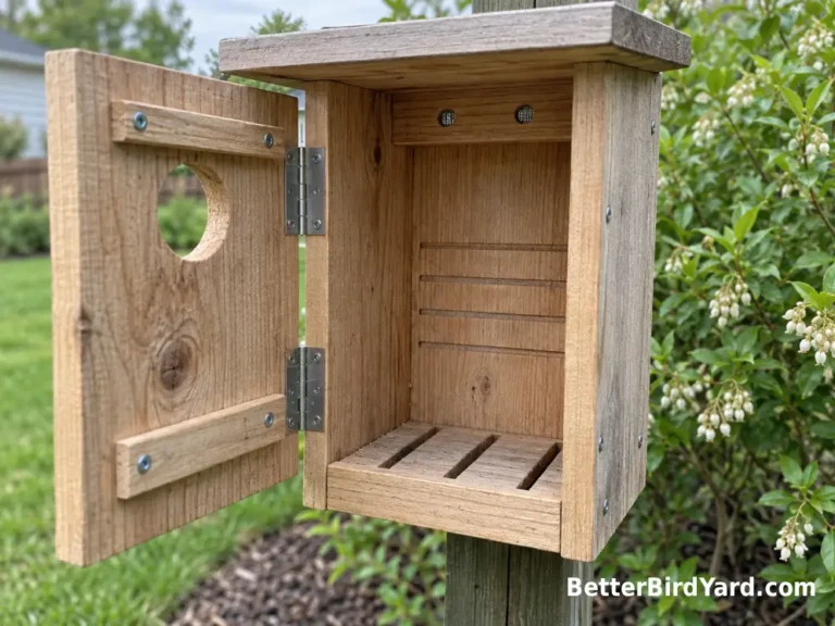 Open bluebird nest box showing ventilation, drainage, and rough wood below the entrance.