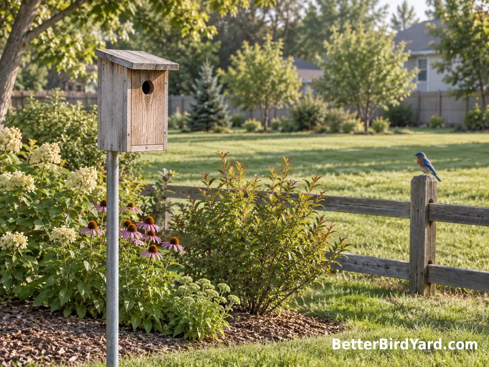 Bluebird nest box on a metal pole facing an open suburban lawn with scattered shrubs.