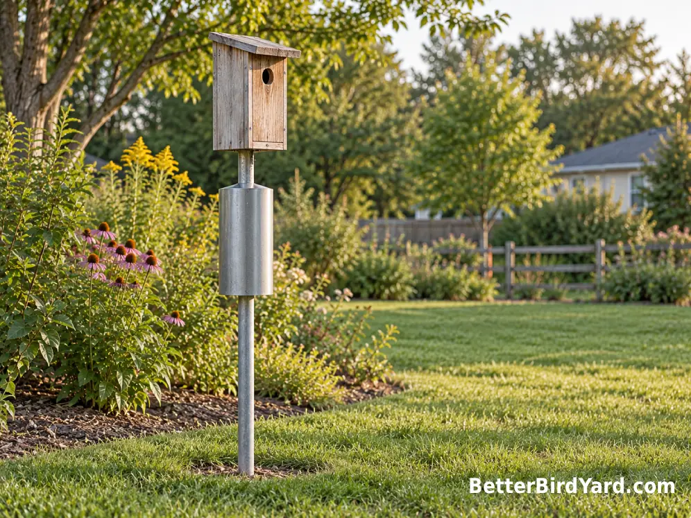 Eastern Bluebird nest box mounted on a free-standing metal pole with a predator baffle.