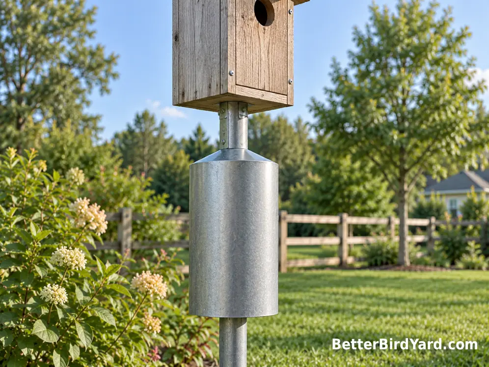 Metal predator baffle installed below a bluebird nest box on a smooth pole.