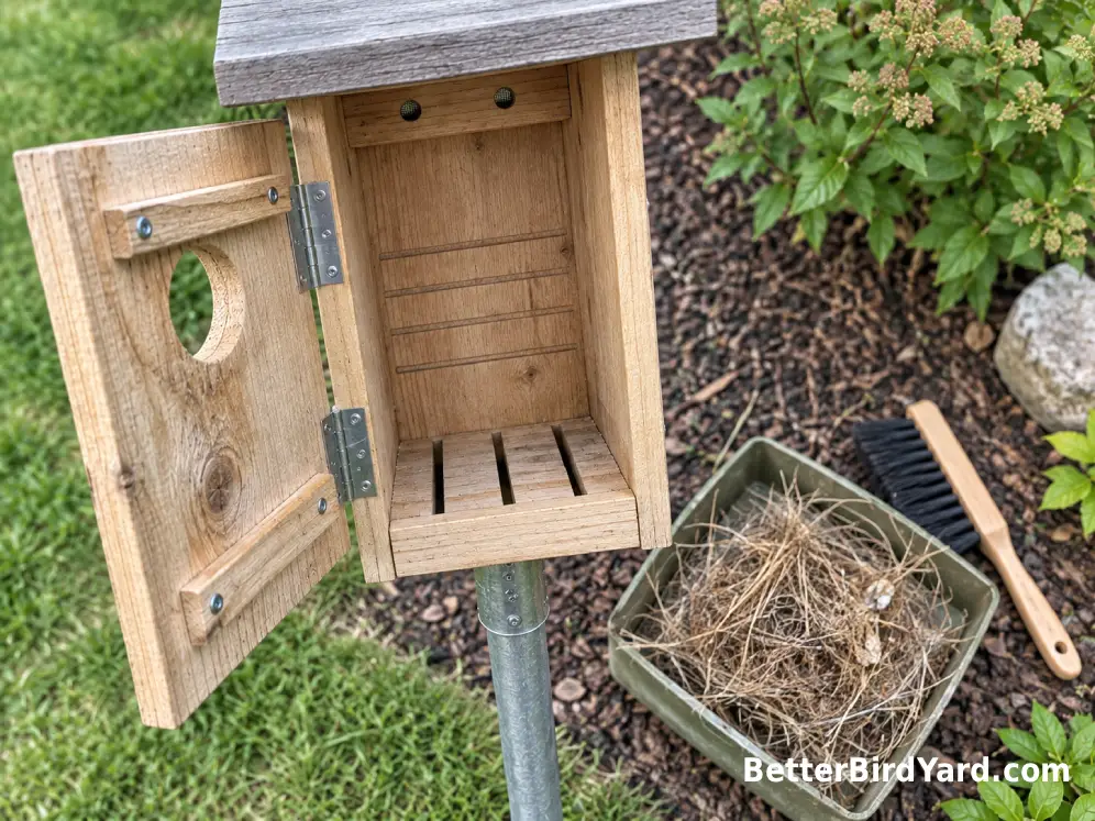 Empty wooden bluebird nest box opened for end-of-season cleaning.