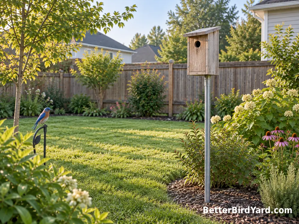 Single bluebird nest box beside a modest open lawn in a compact suburban backyard.