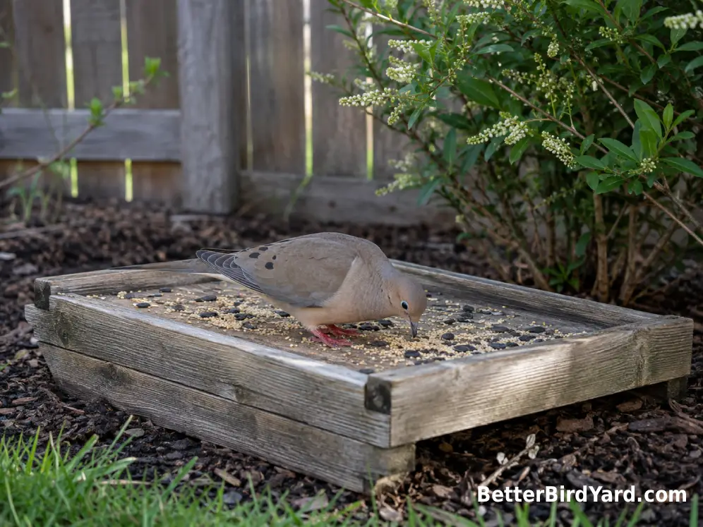 Mourning Dove feeding on mixed seeds from a low platform feeder in a backyard.