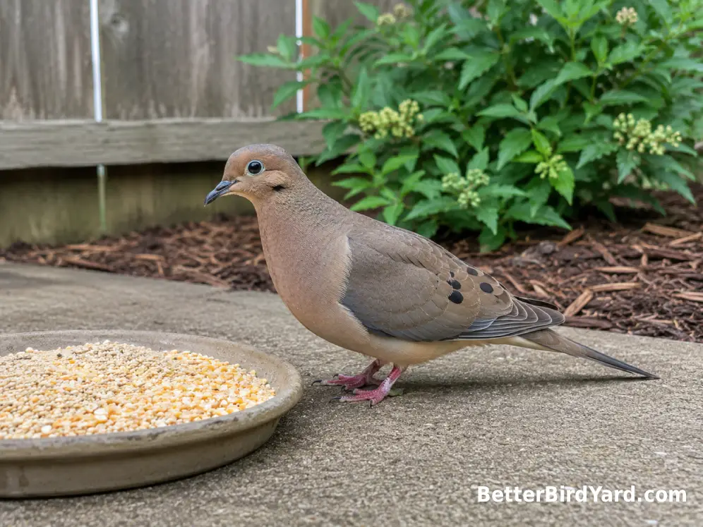Mourning Dove standing beside millet and cracked corn on a clean backyard feeding tray.