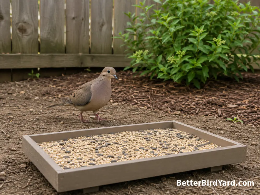 Clean low platform feeder with a small amount of seed beside a Mourning Dove in a suburban yard.