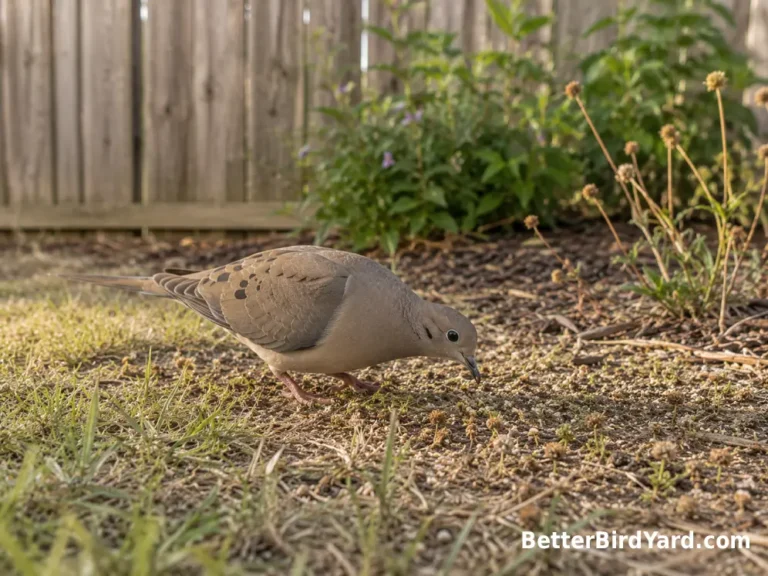 Mourning Dove foraging for natural seeds among short grasses in a backyard garden edge.