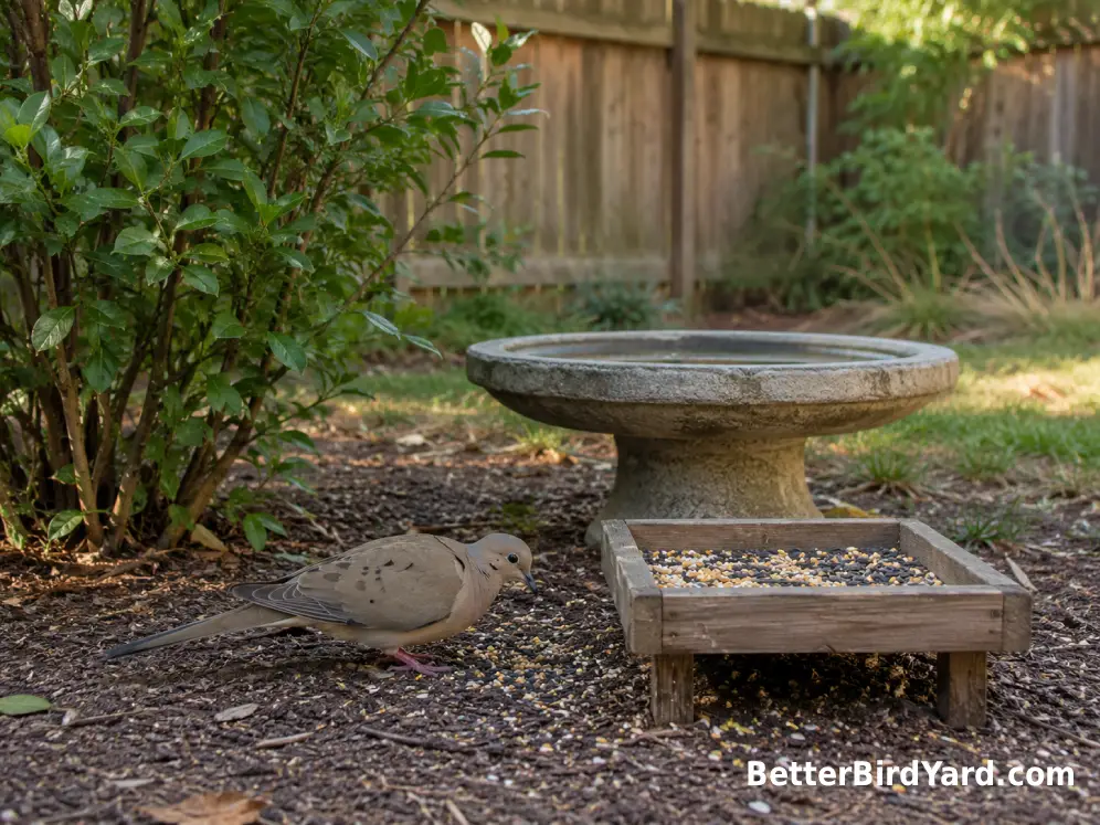 Mourning Dove beside a low seed feeder and clean bird bath in a small suburban yard.