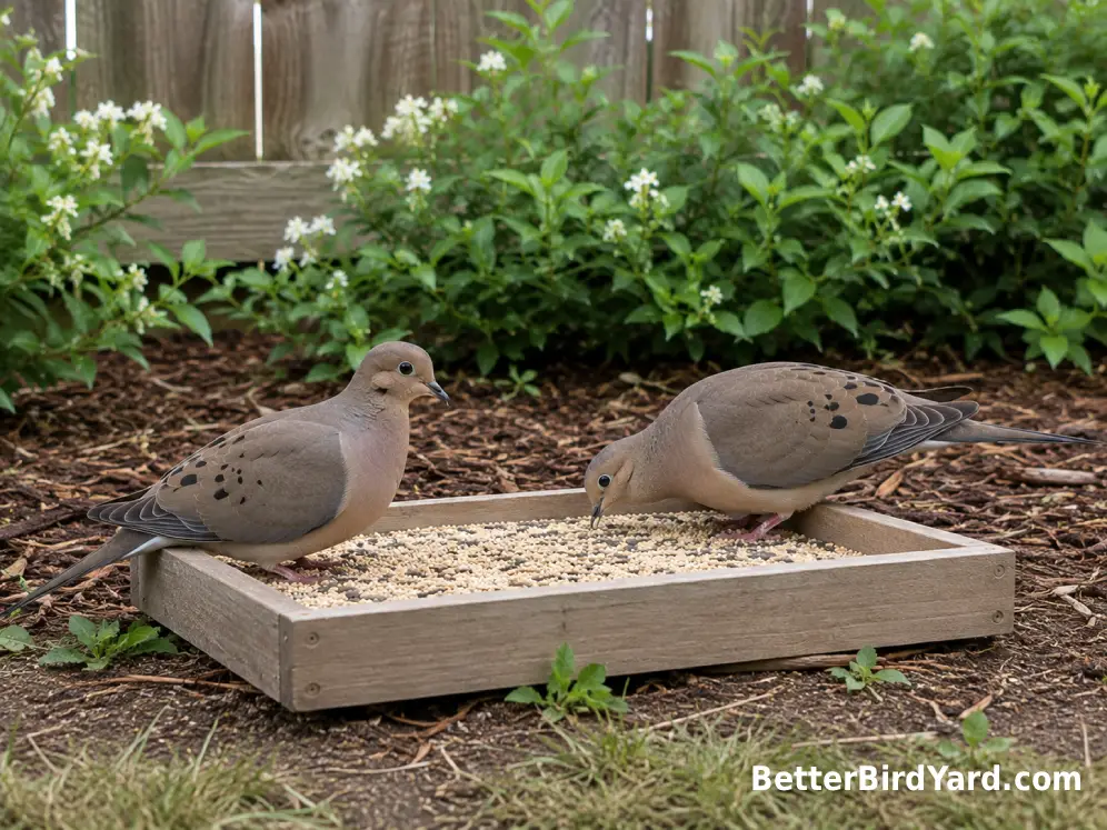 Two Mourning Doves feed from a low platform feeder beside dense backyard shrubs.