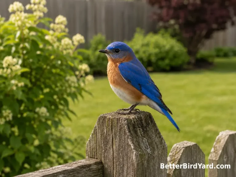 A male Eastern Bluebird perches on a weathered wooden fence post beside an open lawn.