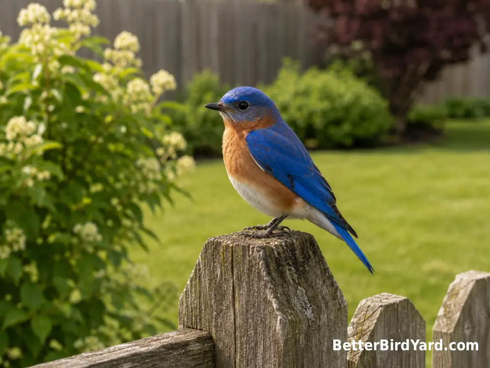 A male Eastern Bluebird perches on a weathered wooden fence post beside an open lawn.