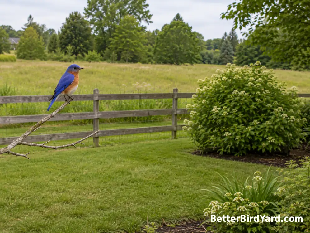 An Eastern Bluebird watches an open backyard lawn from a low branch near scattered shrubs.