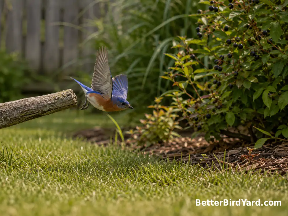 An Eastern Bluebird drops toward short grass while hunting insects from a low garden perch.