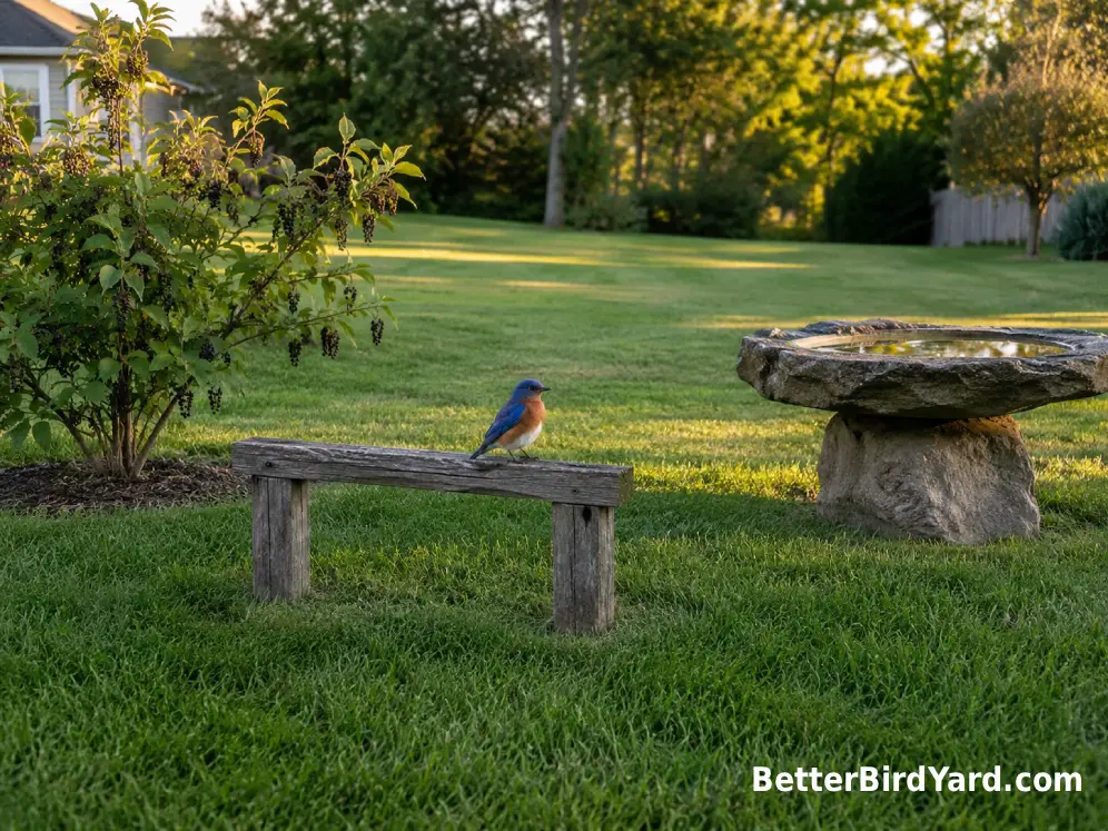 A bluebird-friendly backyard has open grass, a shallow bird bath, a native shrub, and a low perch.