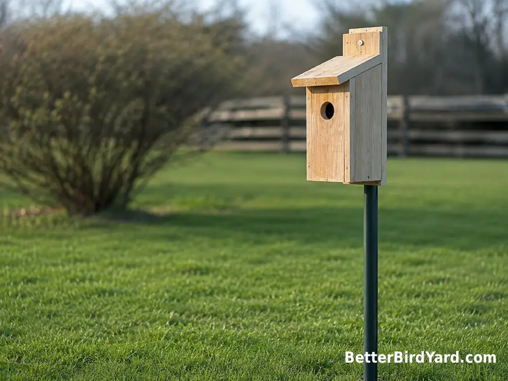 A simple wooden bluebird nest box is mounted on a metal pole facing an open lawn.