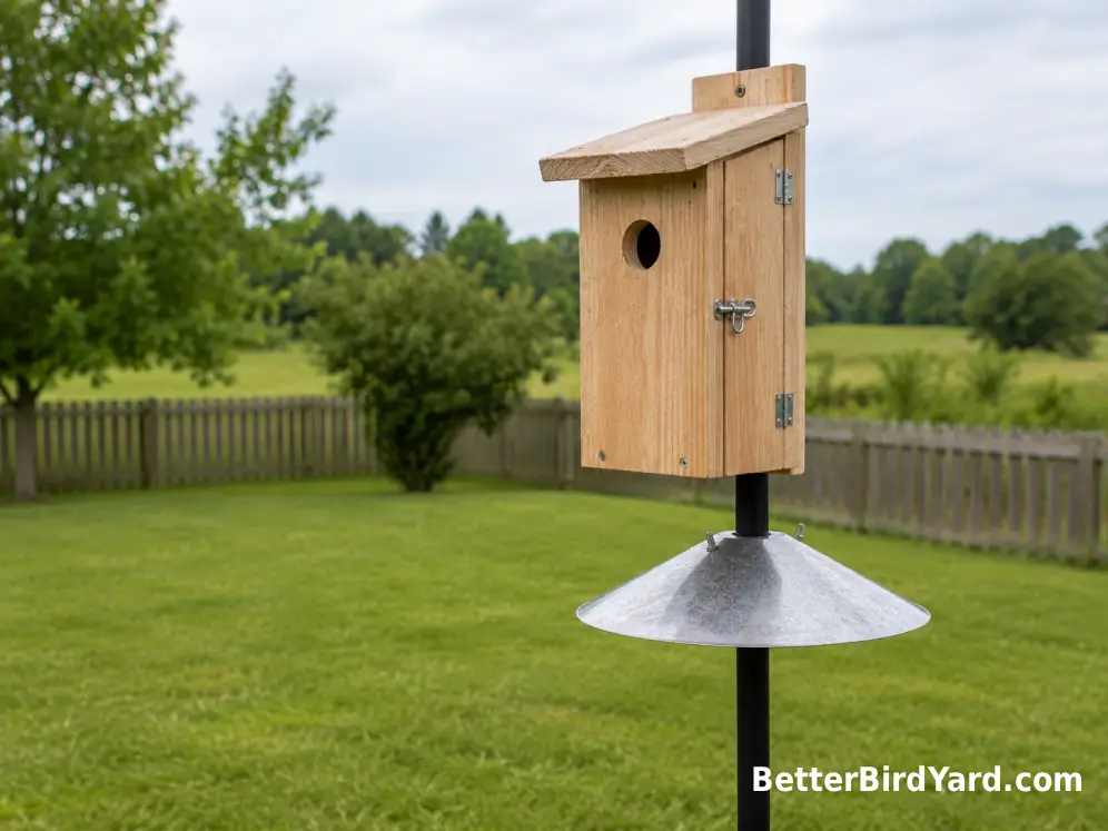 A clean bluebird nest box with an access panel stands on a guarded pole beside an open lawn.