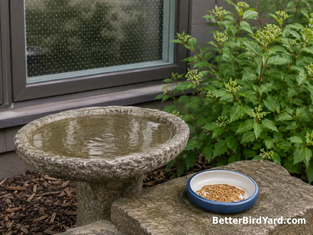 An empty clean feeding dish and bird bath sit in a quiet backyard near a bird-safe treated window.