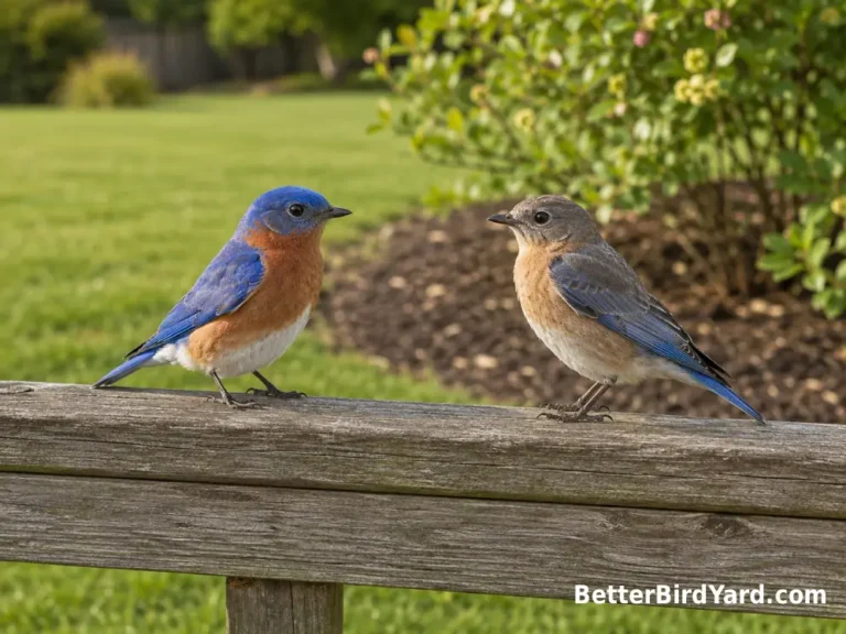 Adult male and female Eastern Bluebirds perched together on a backyard fence.