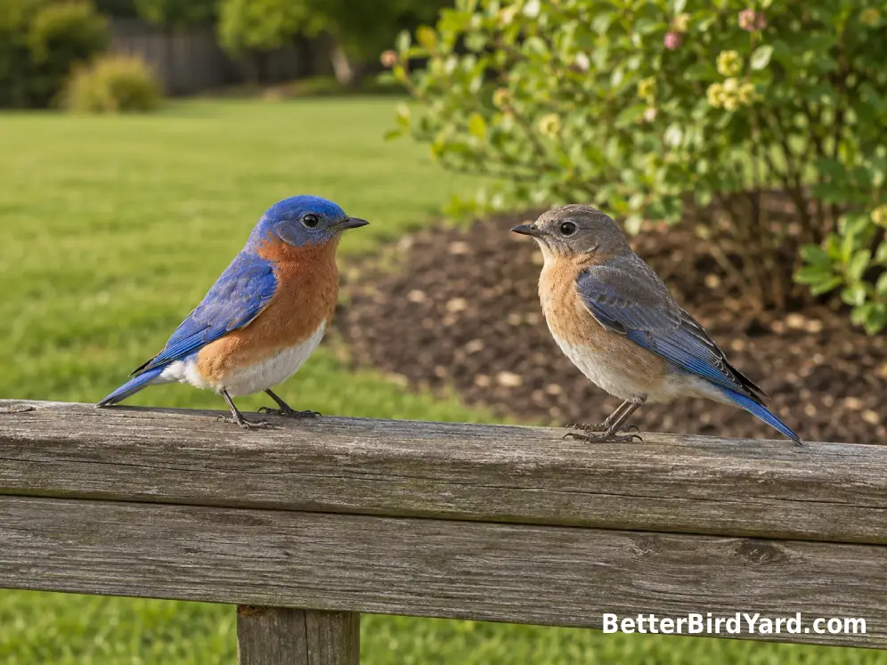 Adult male and female Eastern Bluebirds perched together on a backyard fence.