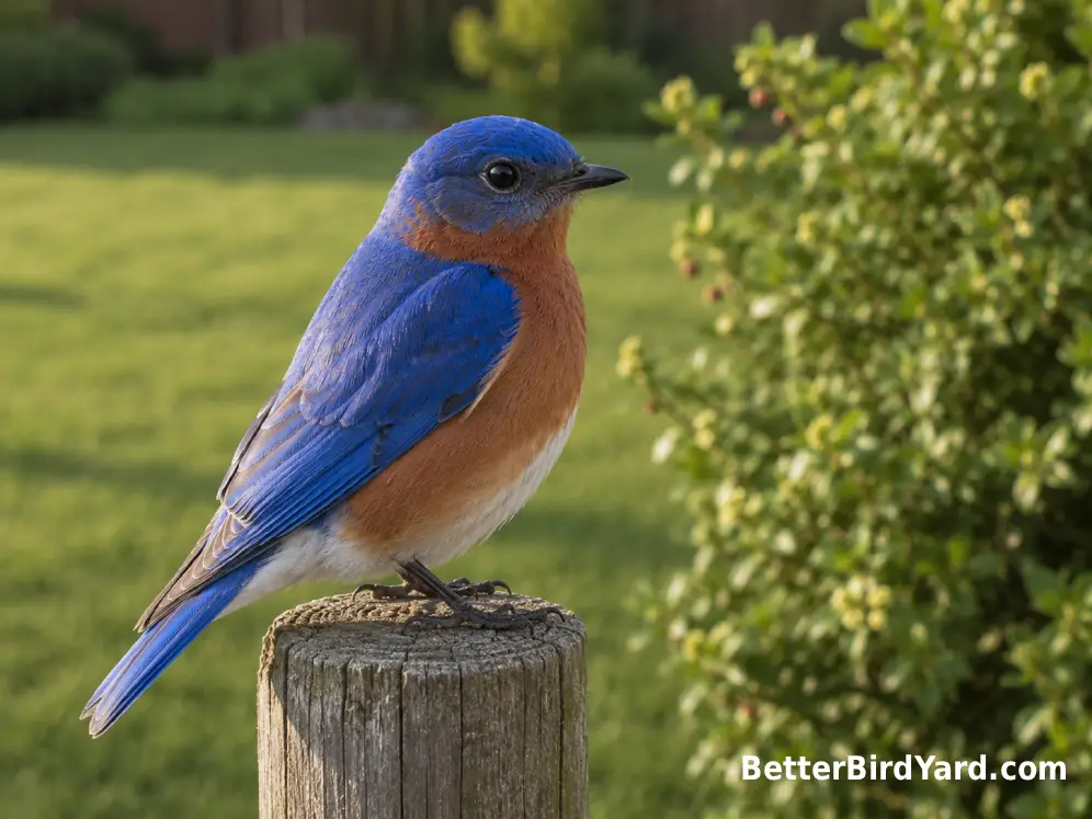 Adult male Eastern Bluebird showing a bright blue back and rusty-orange breast on a fence post.
