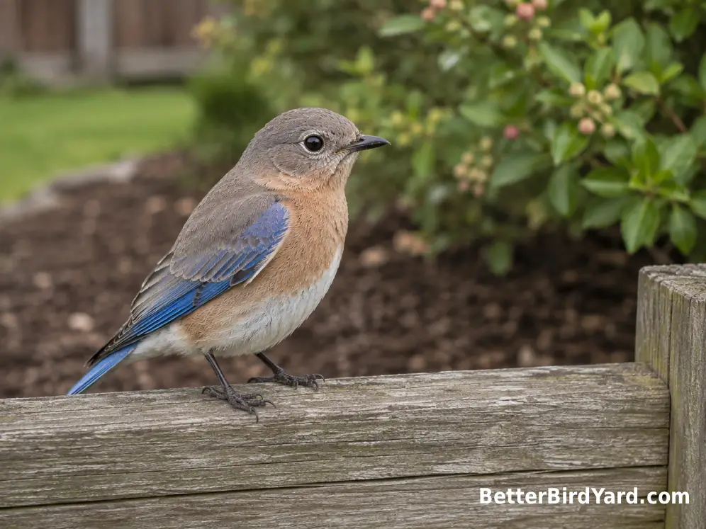 Adult female Eastern Bluebird with a grayish head, blue wings, and muted orange breast.