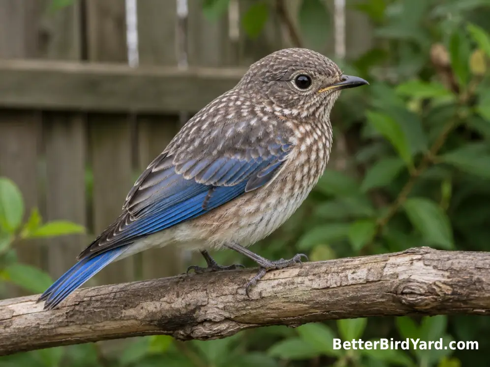 Juvenile Eastern Bluebird with spotted plumage and blue developing in the wings and tail.