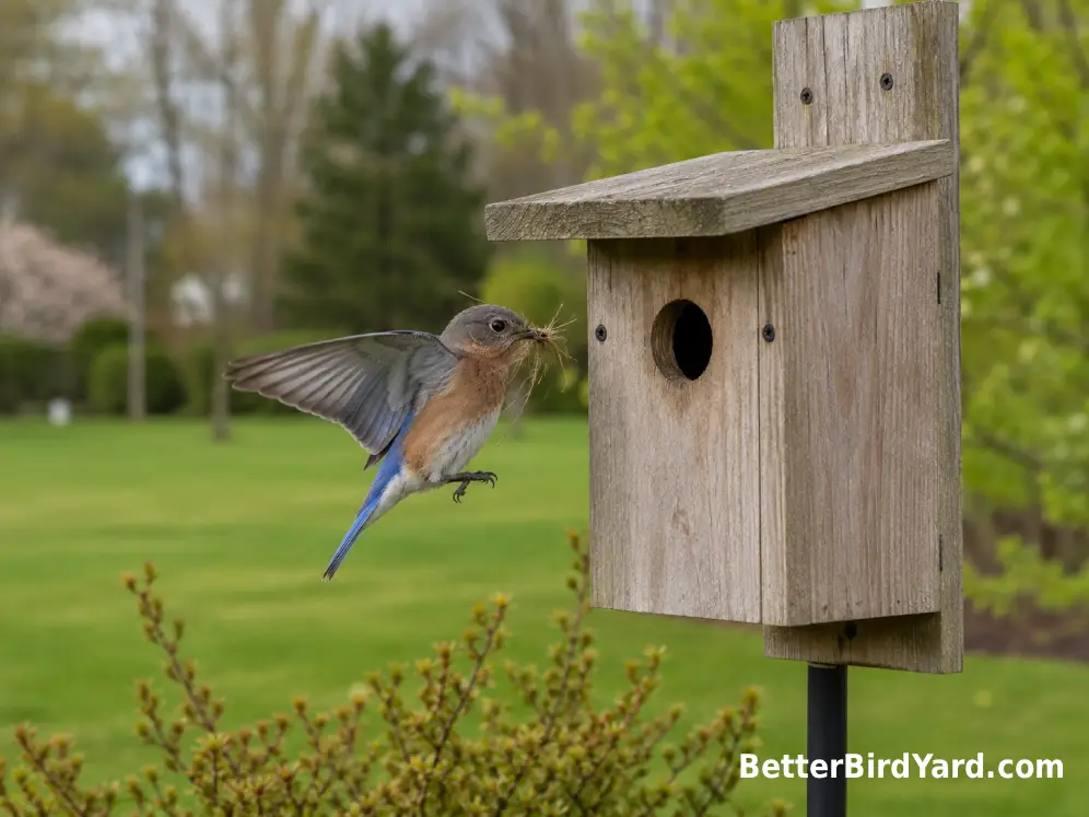 Female Eastern Bluebird carrying dry grass toward a wooden nest box.