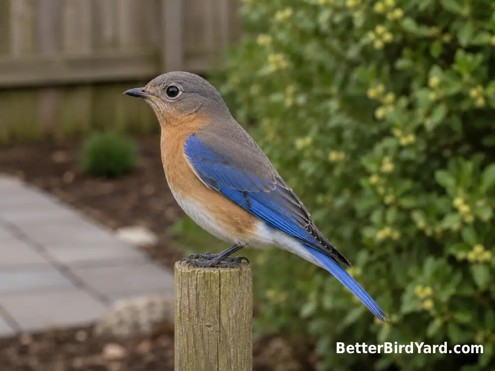 Adult female Eastern Bluebird perched sideways in clear light for easy plumage identification.
