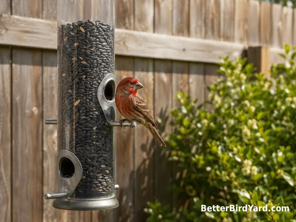 A House Finch perches on a clean tube feeder filled with black-oil sunflower seed in a suburban backyard.
