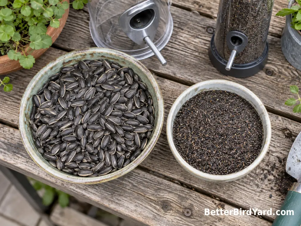 Black-oil sunflower seeds and tiny nyjer seeds sit in separate containers beside two bird feeder parts.