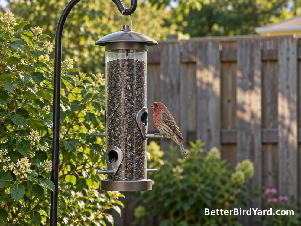 A clean sunflower tube feeder hangs from a shepherd's hook beside a native shrub in a small backyard.