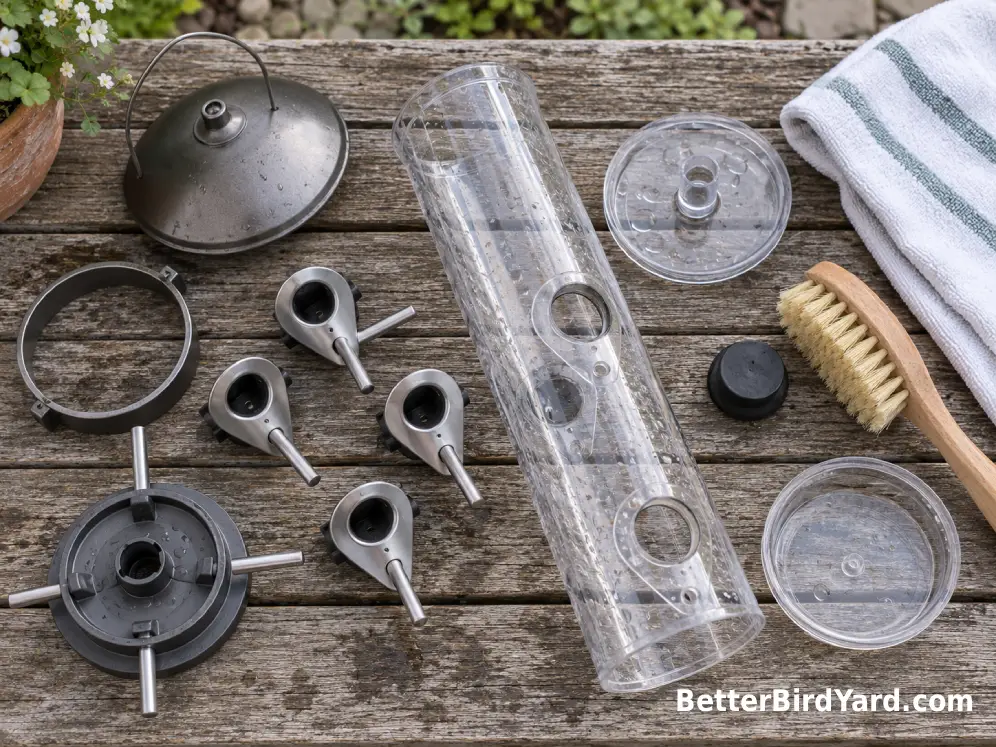 A disassembled clear tube feeder rests beside a scrub brush and clean towel on an outdoor table.