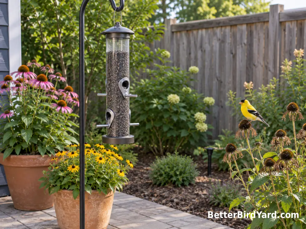 A compact patio has a tube feeder beside potted native flowers and a mulched planting bed.
