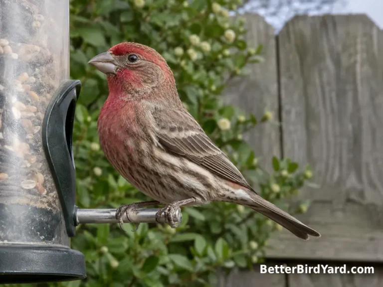 A male House Finch with a rosy-red face and streaked brown body perches beside a backyard feeder.