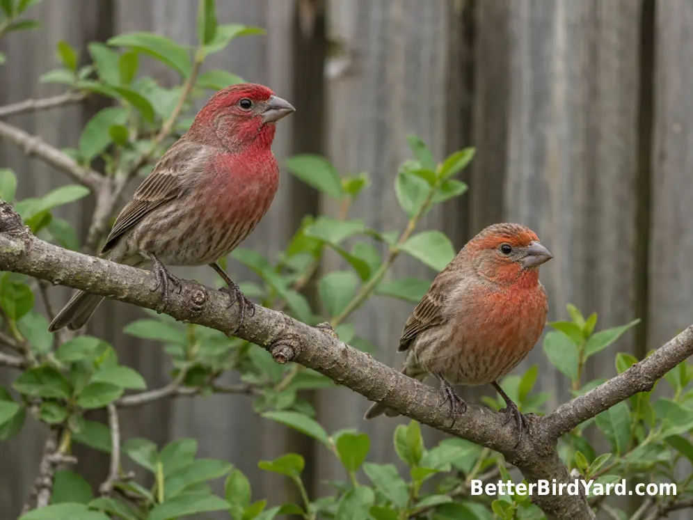 Two male House Finches with naturally different red and orange plumage perch on a backyard shrub.