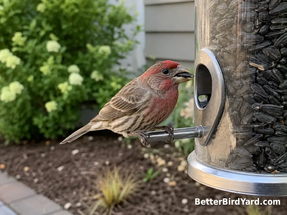 A House Finch cracks black oil sunflower seed at a clean backyard tube feeder.