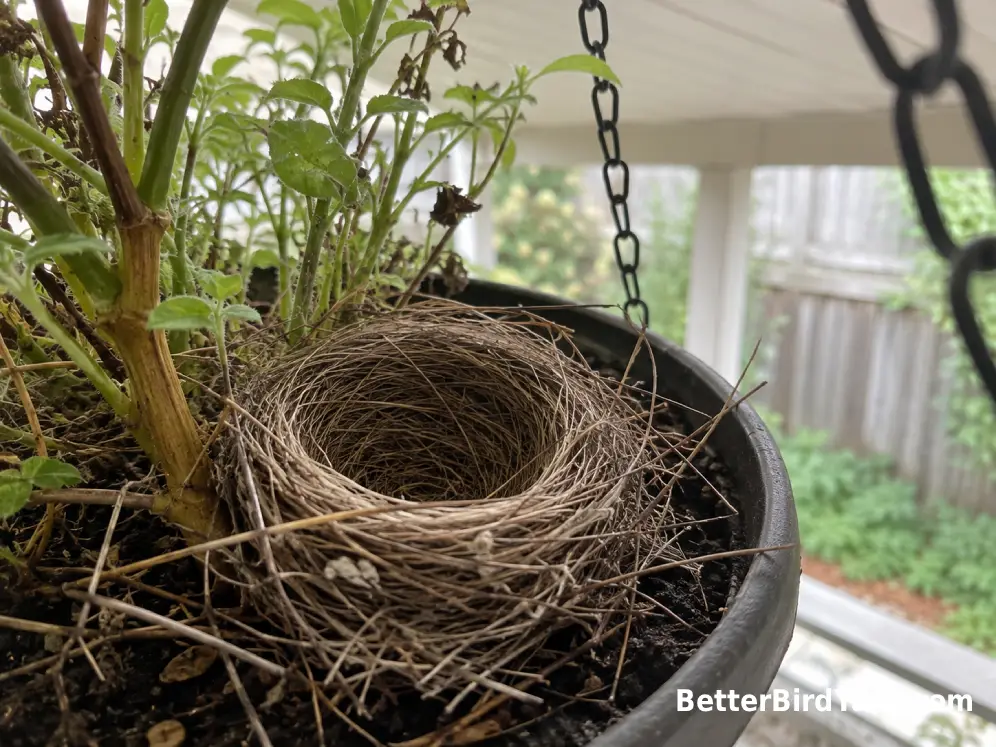 An undisturbed cup-shaped House Finch nest rests inside a hanging porch planter.