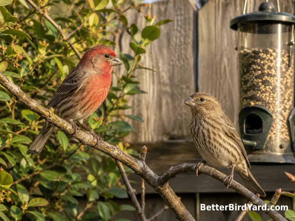 A male and female House Finch perch beside a clean feeder in a suburban backyard.