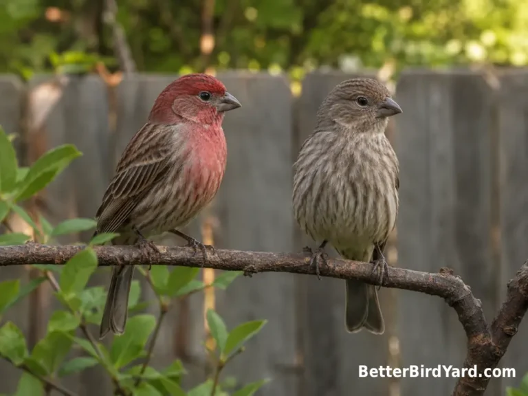 Male and female House Finches perch together, showing the male's red coloring and the female's brown streaked plumage.