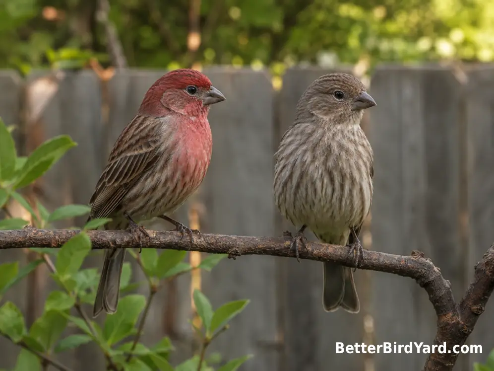 Male and female House Finches perch together, showing the male's red coloring and the female's brown streaked plumage.
