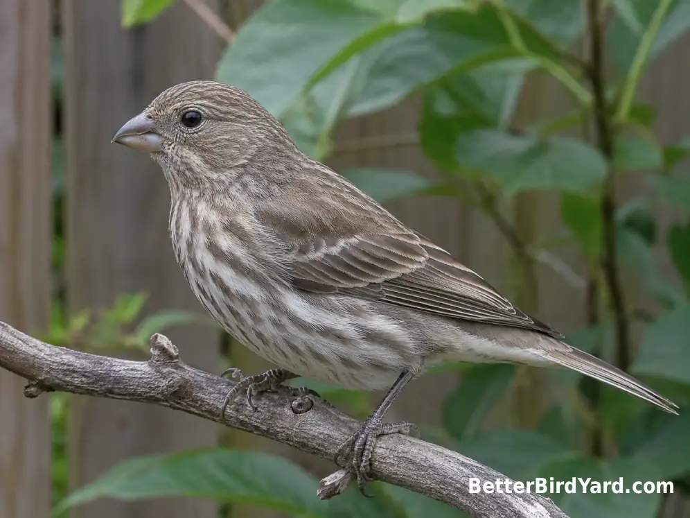 A female House Finch shows a plain gray-brown face and blurry brown streaks across her pale underparts.
