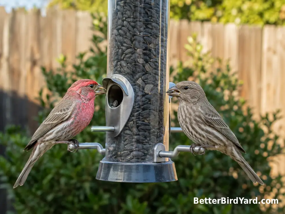 A red male and brown female-type House Finch feed from different ports of a clean tube feeder.