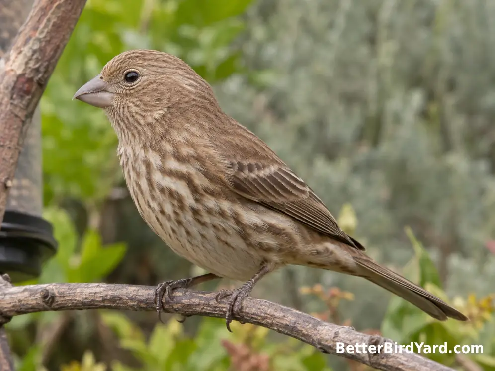 A side-profile female House Finch photograph clearly shows her plain face, conical bill, and blurry breast streaks.