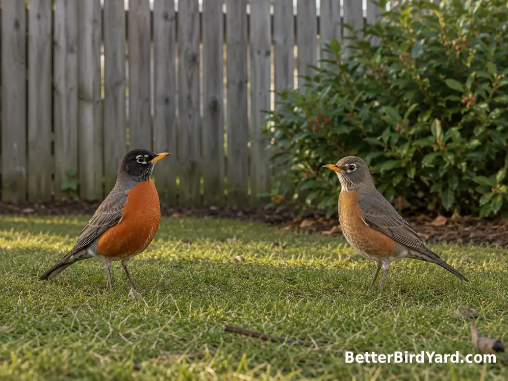 Male and female American Robins stand near each other on a suburban lawn.