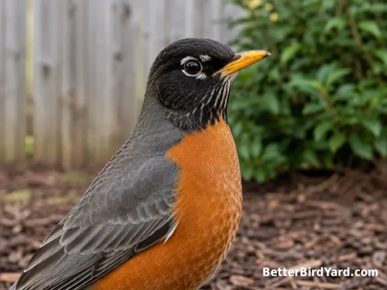 An adult male American Robin shows a dark head contrasting with its gray back.
