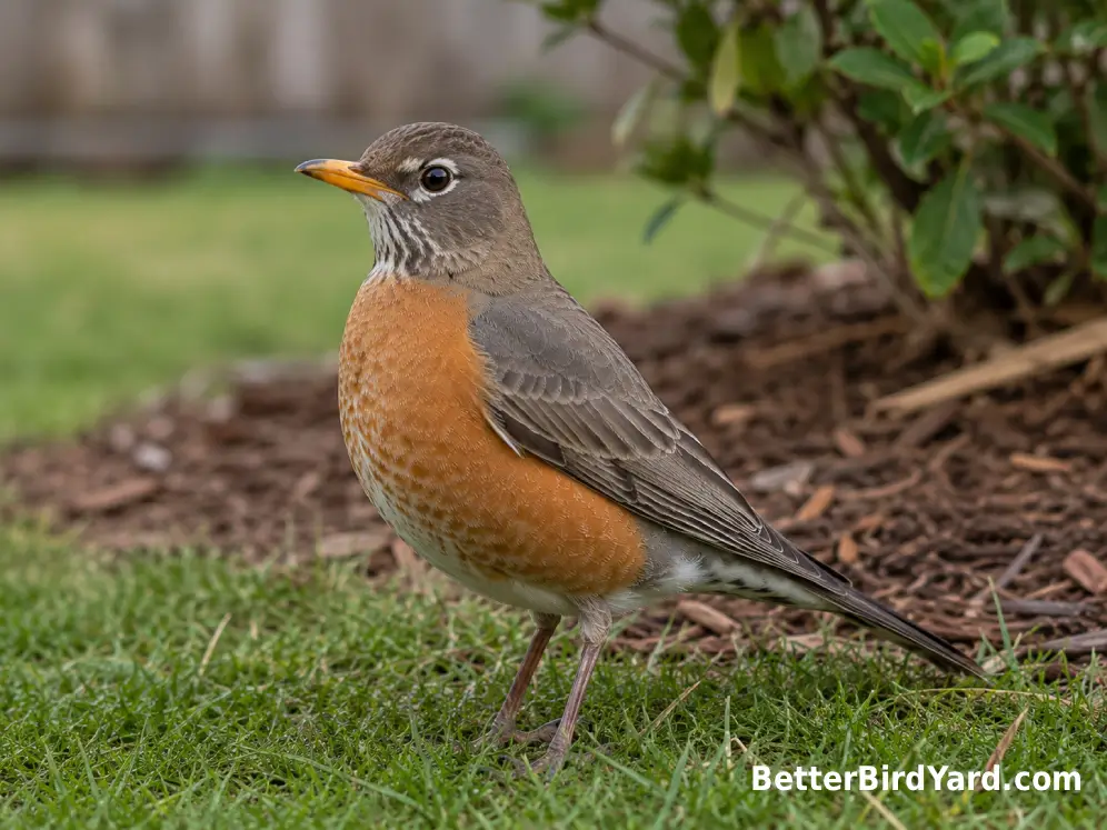 A female American Robin stands on grass with a warm orange breast and gray-brown head.