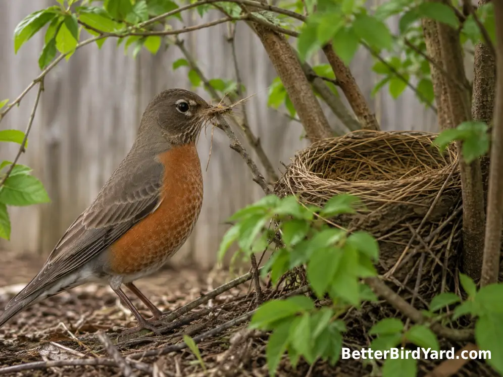 A female American Robin carries dry grass near a nest in a backyard shrub.