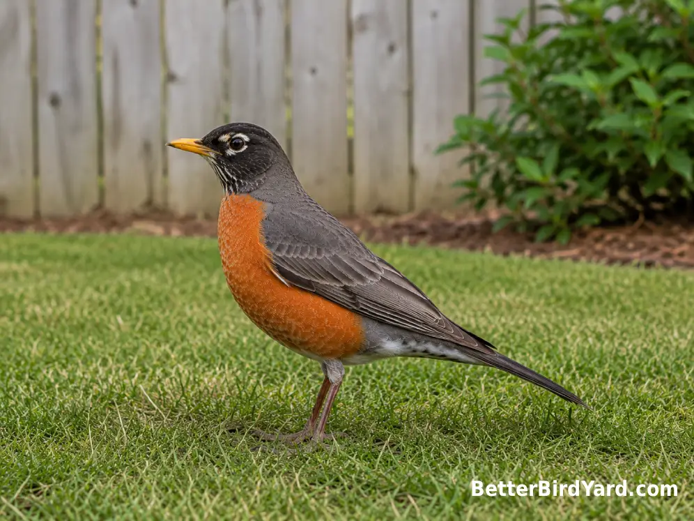 An adult American Robin stands in clear side view on a backyard lawn.