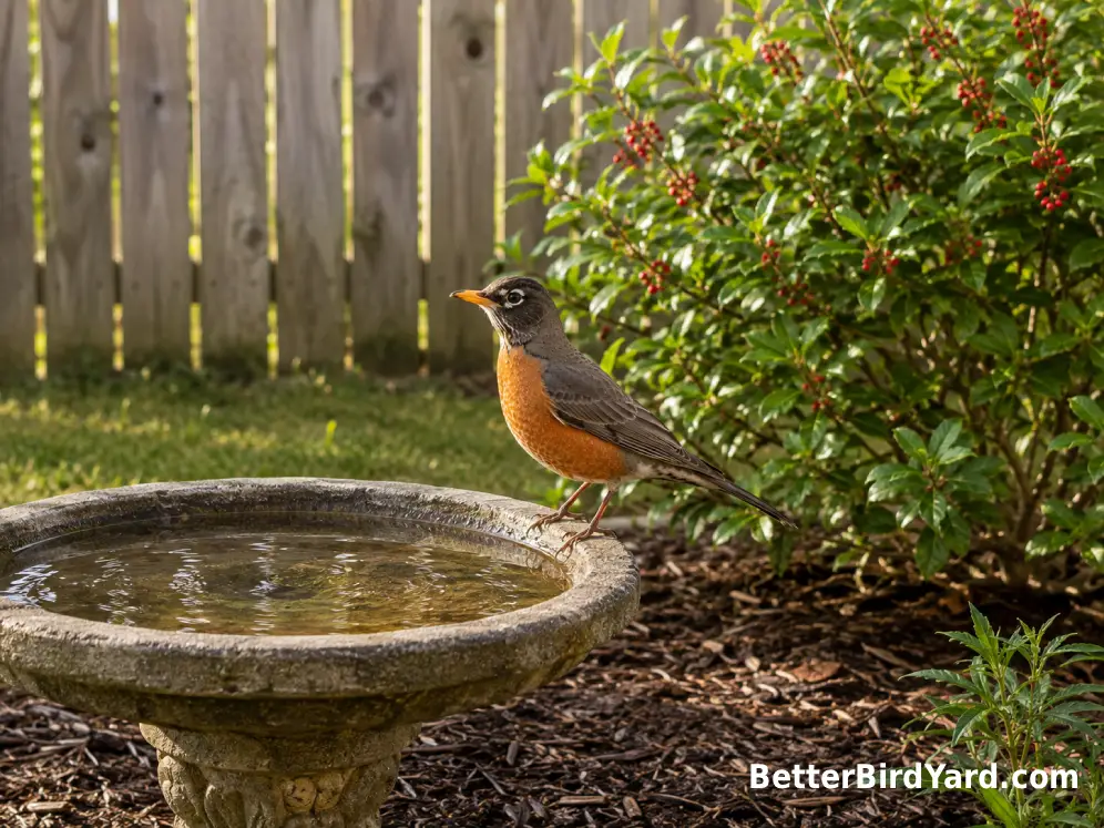 An American Robin stands beside a shallow bird bath in a small suburban garden.